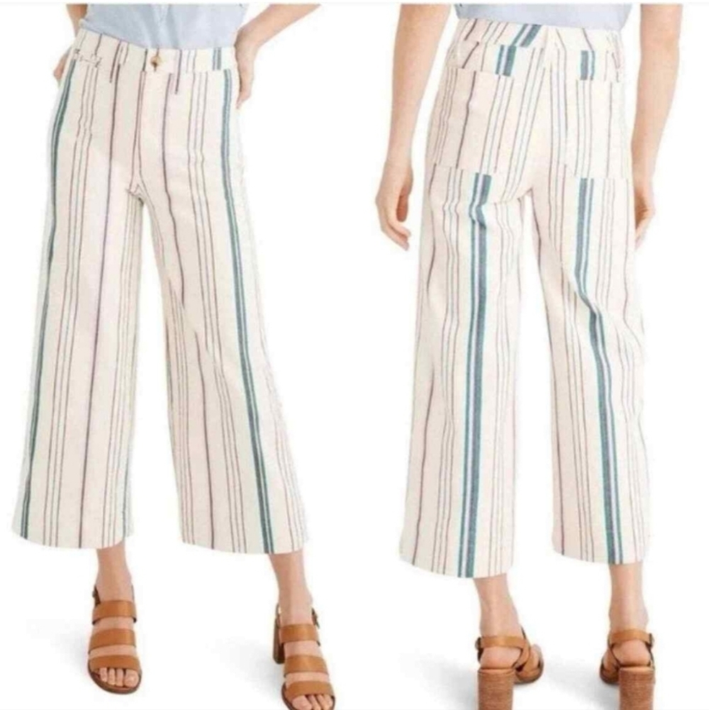 Madewell Sz 27 Emmett Stripe Wide Leg Cropped Canvas Coastal Pants New